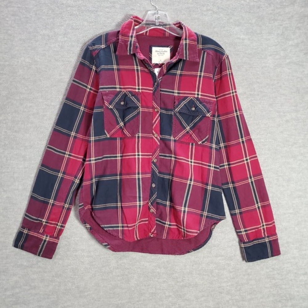 Abercrombie & Fitch Women Top Medium Red Plaid Flannel Button Up Collar